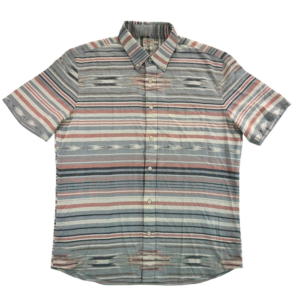 Faherty Mens Large Organic Cotton Ikat Stripe Short Sleeve Button Up Shirt